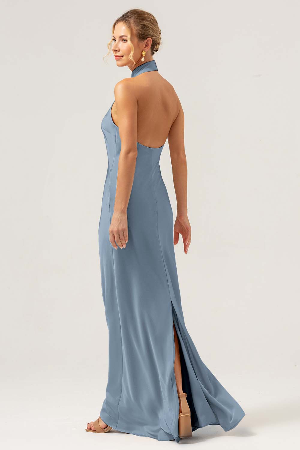 Halter Sheath Champagne Long Bridesmaid Dress with Back Slit