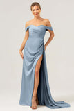 Sage Off The Shoulder Long Bridesmaid Dress with Slit