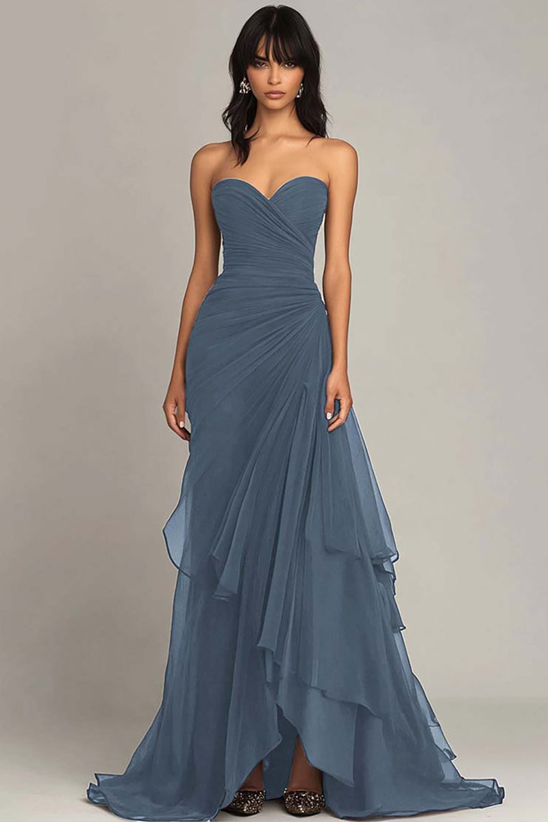 Dusty Blue Sweetheart Ruffled Formal Dress Ruched Black Tie Dress Strapless Mermaid Evening Dress