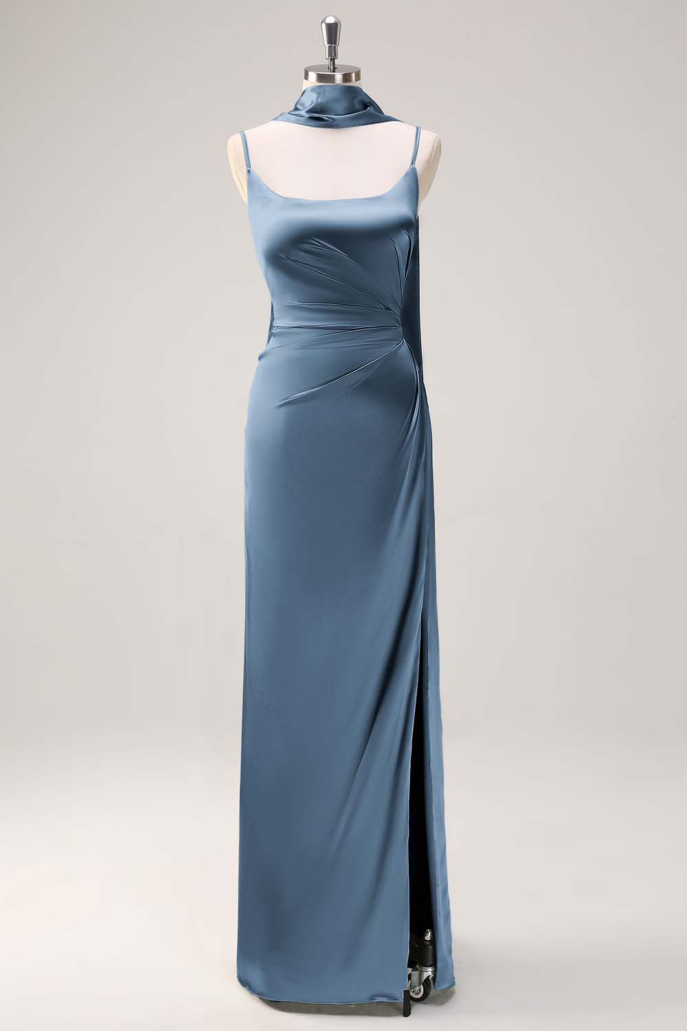 Dark Green Sheath Spaghetti Straps Satin Long Bridesmaid Dress with Slit