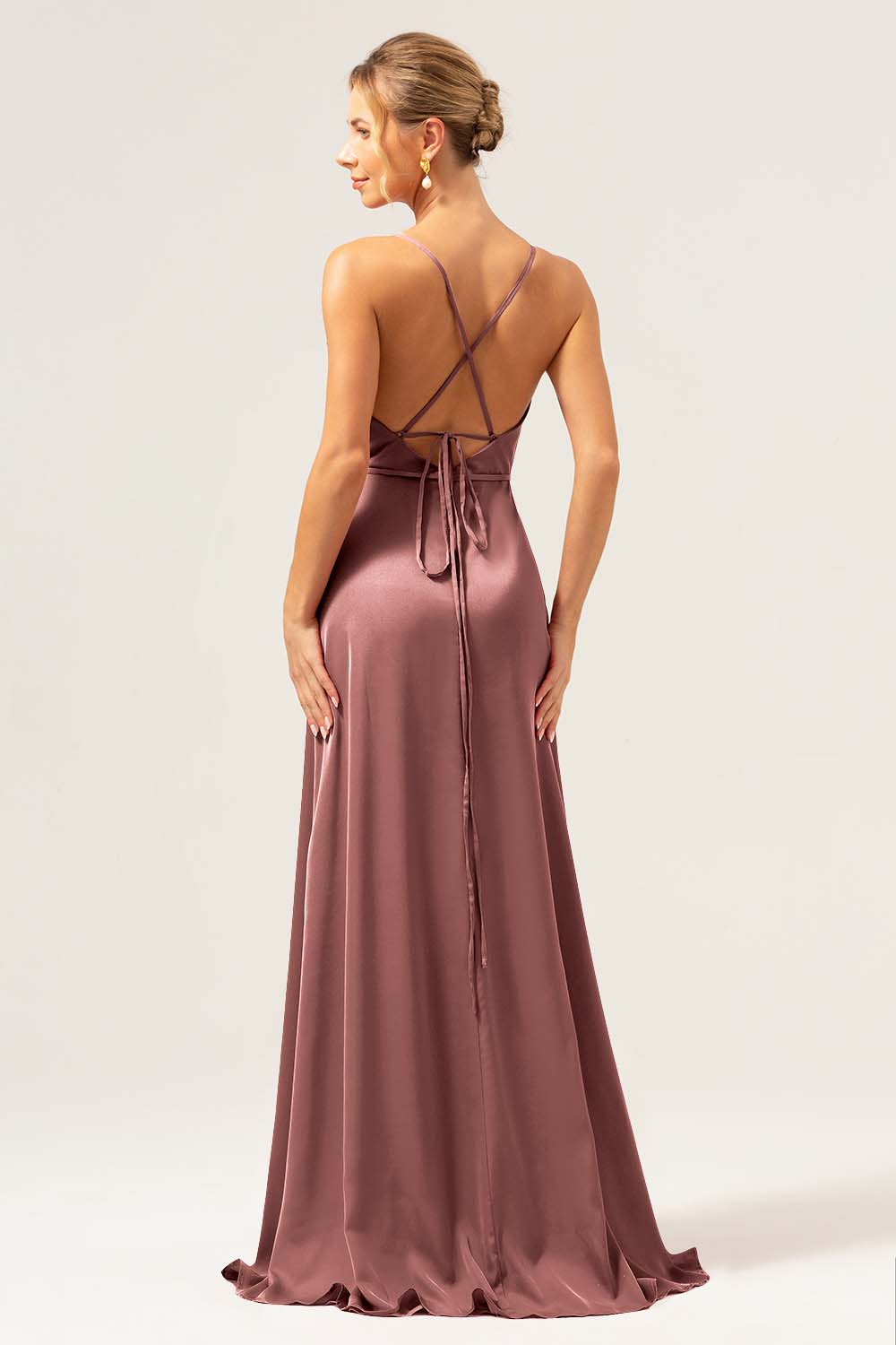 Burgundy Spaghetti Straps Swing Collar Long Bridesmaid Dress with Slit