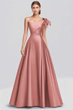 Fuchsia A-Line One Shoulder Bow Satin Long Formal Dress