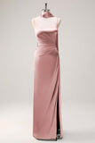 Sage Sheath Spaghetti Straps Satin Long Bridesmaid Dress with Slit