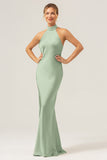 Halter Sheath Champagne Long Bridesmaid Dress with Back Slit