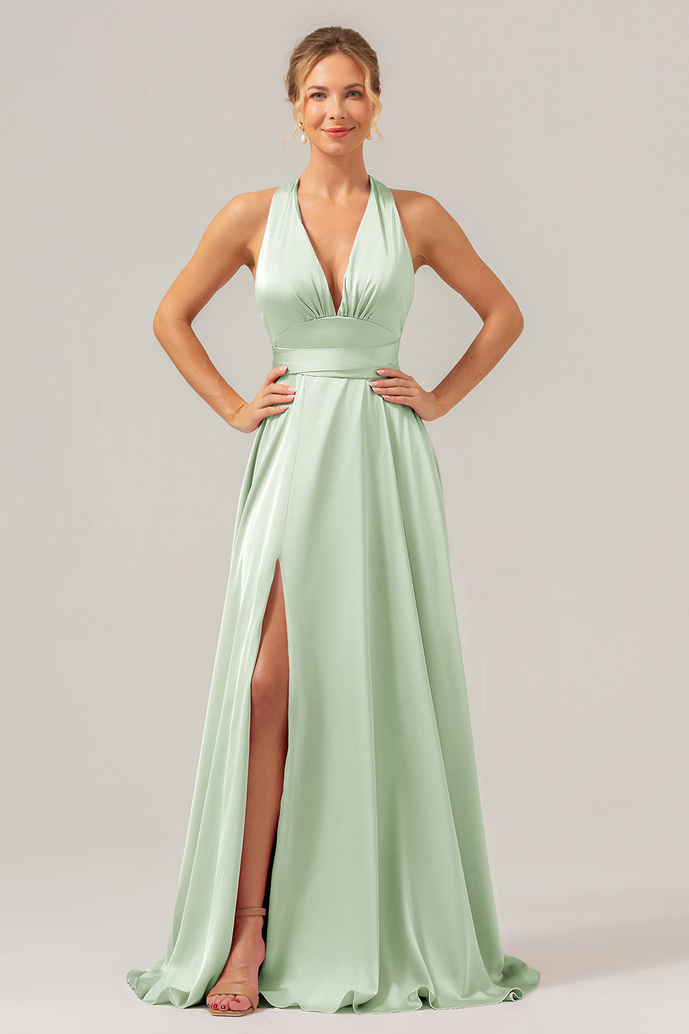 Pink A Line V-Neck Backless Long Bridesmaid Dress with Slit