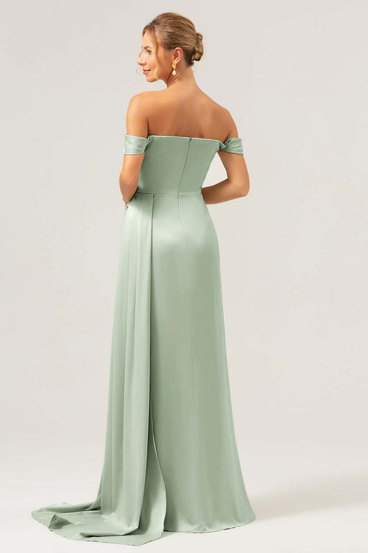 Dusty Sage Off The Shoulder Long Bridesmaid Dress with Slit