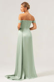 Dusty Sage Off The Shoulder Long Bridesmaid Dress with Slit