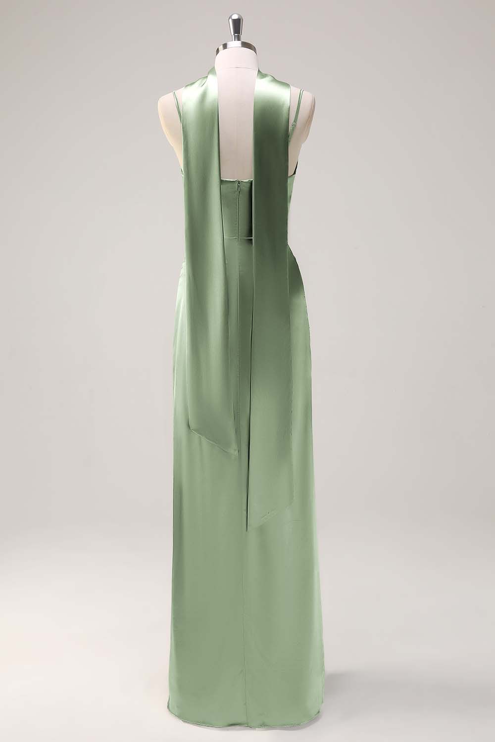 Sage Sheath Spaghetti Straps Satin Long Bridesmaid Dress with Slit