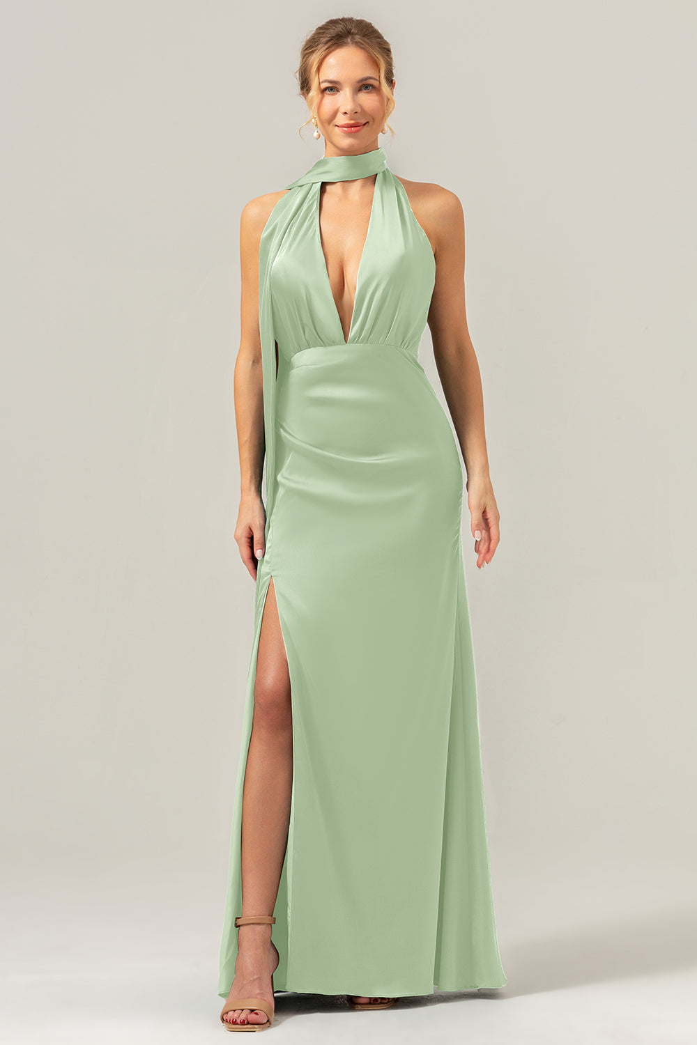 Peacock Sheath V-Neck Backless Long Bridesmaid Dress with Slit