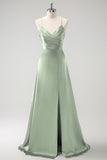 Dark Green A-Line Ruched Lace-Up Back Satin Long Bridesmaid Dress