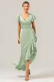 Olive V Neck Backless Sheath Wedding Guest Dress with Ruffles