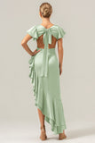 Olive V Neck Backless Sheath Wedding Guest Dress with Ruffles