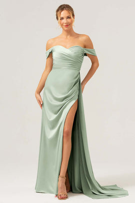 Dusty Sage Off The Shoulder Long Bridesmaid Dress with Slit