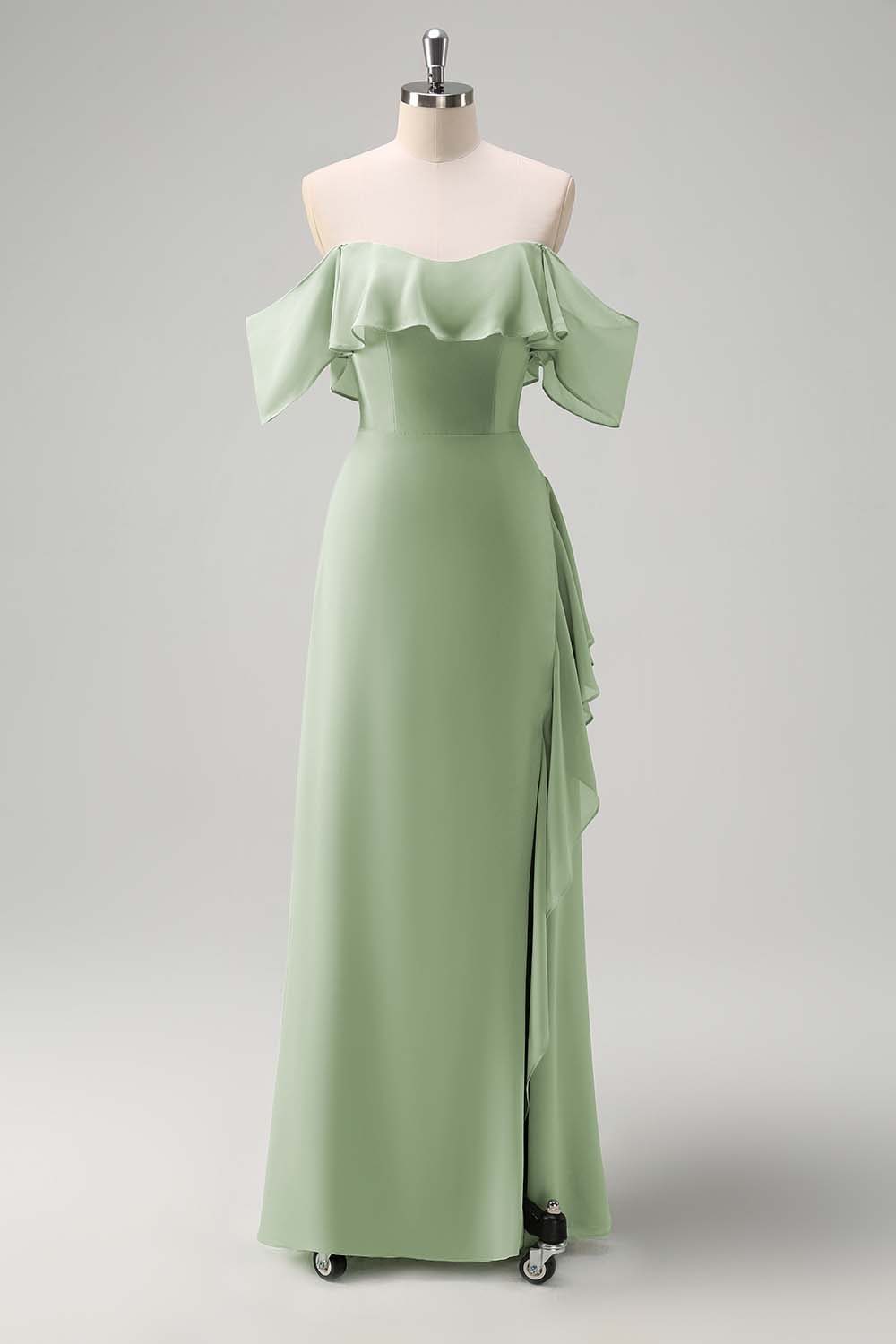 Light Green Off The Shoulder Chiffon Long Bridesmaid Dress