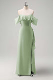 Light Green Off The Shoulder Chiffon Long Bridesmaid Dress