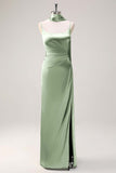 Sage Sheath Spaghetti Straps Satin Long Bridesmaid Dress with Slit