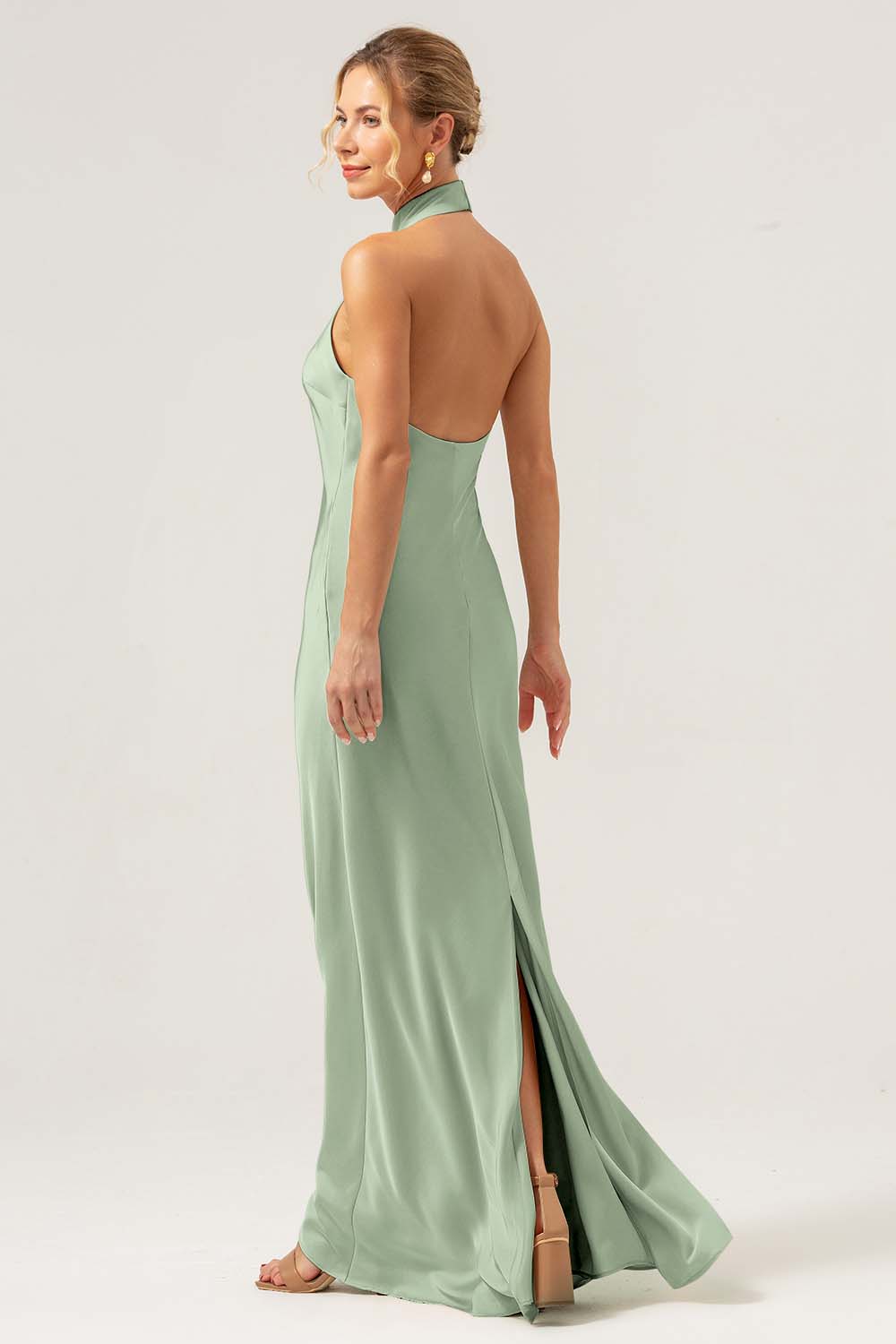 Halter Sheath Champagne Long Bridesmaid Dress with Back Slit