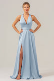 Pink A Line V-Neck Backless Long Bridesmaid Dress with Slit