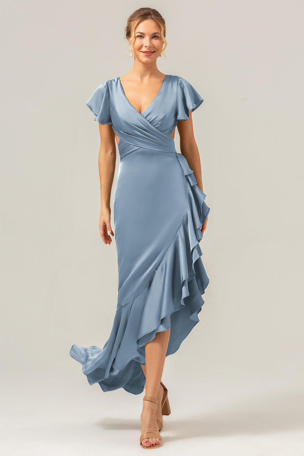 Olive V Neck Backless Sheath Wedding Guest Dress with Ruffles