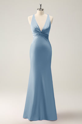 Dusty Blue Mermaid V Neck Satin Long Bridesmaid Dress