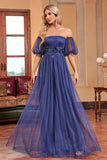 Navy A Line Removable Sleeves Pleated Long Prom Dress