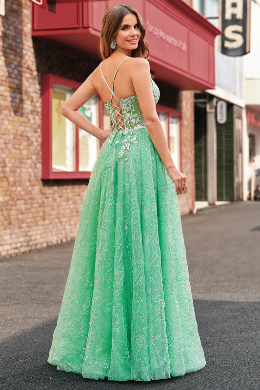 Sparkly Light Green A Line Spaghetti Straps Corset Tulle Prom Dress with Slit