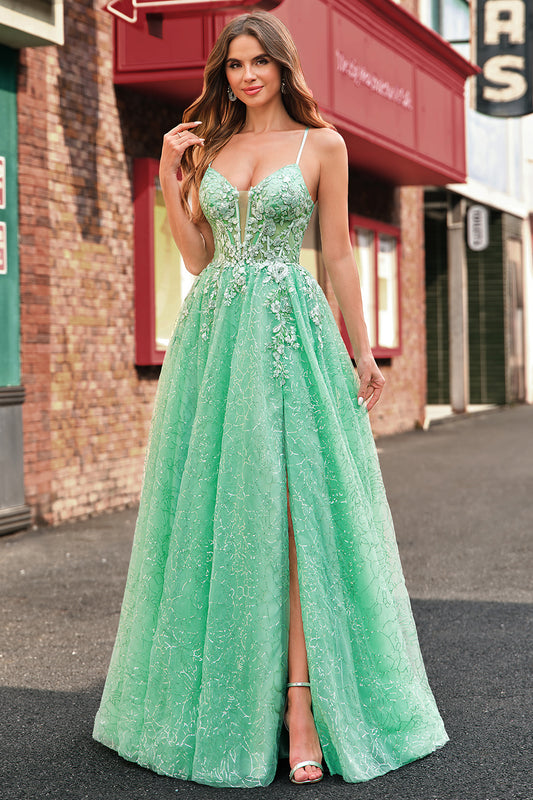 Sparkly Light Green A Line Spaghetti Straps Corset Tulle Prom Dress with Slit