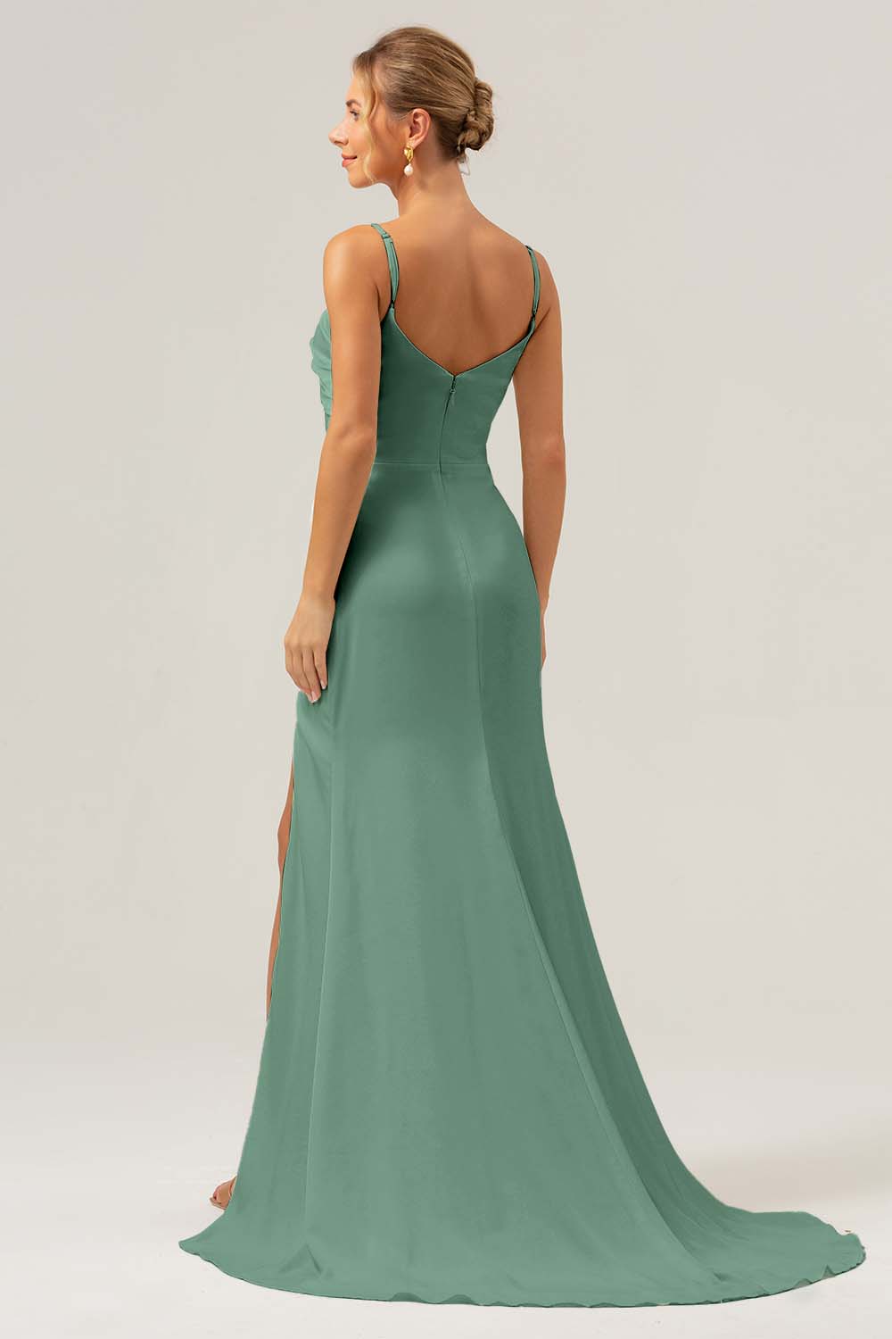 Simple Dusty Sage Spaghetti Straps Long Bridesmaid Dress with Slit