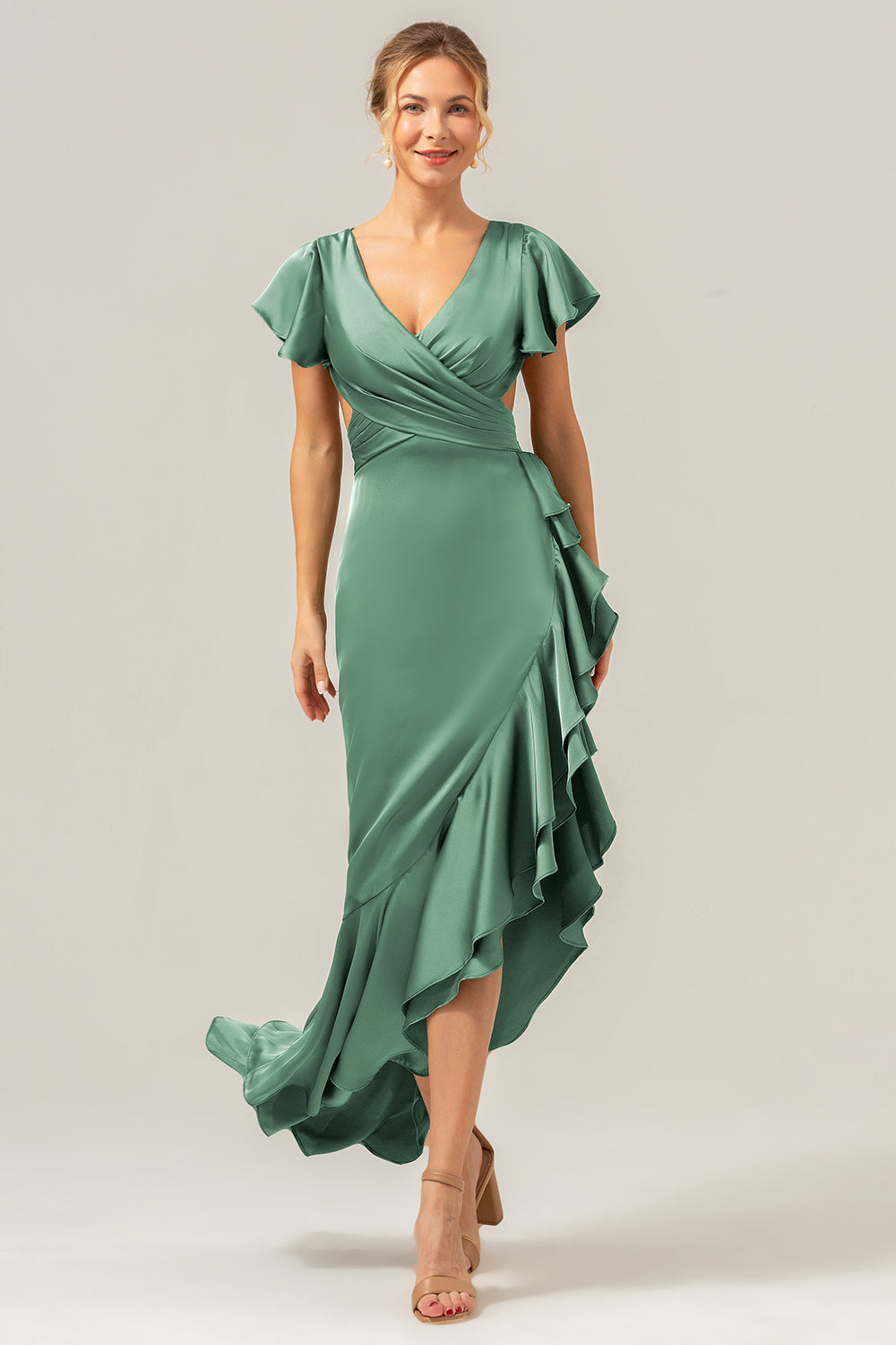 Olive V Neck Backless Sheath Wedding Guest Dress with Ruffles