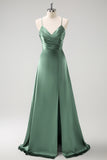 Dark Green A-Line Ruched Lace-Up Back Satin Long Bridesmaid Dress