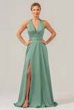 Pink A Line V-Neck Backless Long Bridesmaid Dress with Slit