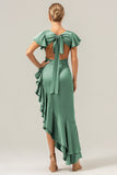 Olive V Neck Backless Sheath Wedding Guest Dress with Ruffles