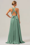 Pink A Line V-Neck Backless Long Bridesmaid Dress with Slit