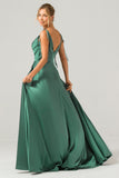 Dark Green A-Line Spaghetti Straps Ruched Long Bridesmaid Dress with Slit