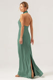 Halter Sheath Champagne Long Bridesmaid Dress with Back Slit