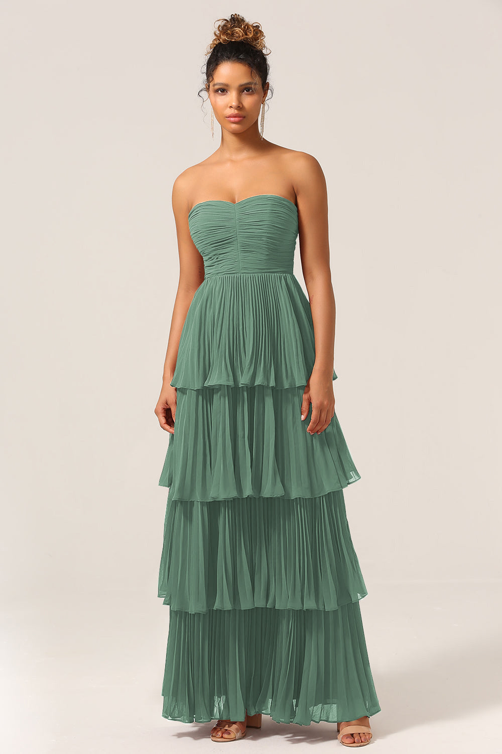 Strapless Bridesmaid Dress with Pleated Eucalyptus A Line Chiffon Long Wedding Party Dress