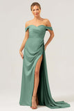 Dusty Sage Off The Shoulder Long Bridesmaid Dress with Slit