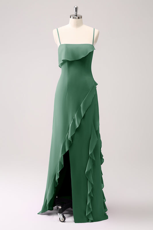 Eucalyptus Ruffled Spaghetti Straps Chiffon Long Bridesmaid Dress with Slit