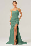 Simple Dusty Sage Spaghetti Straps Long Bridesmaid Dress with Slit