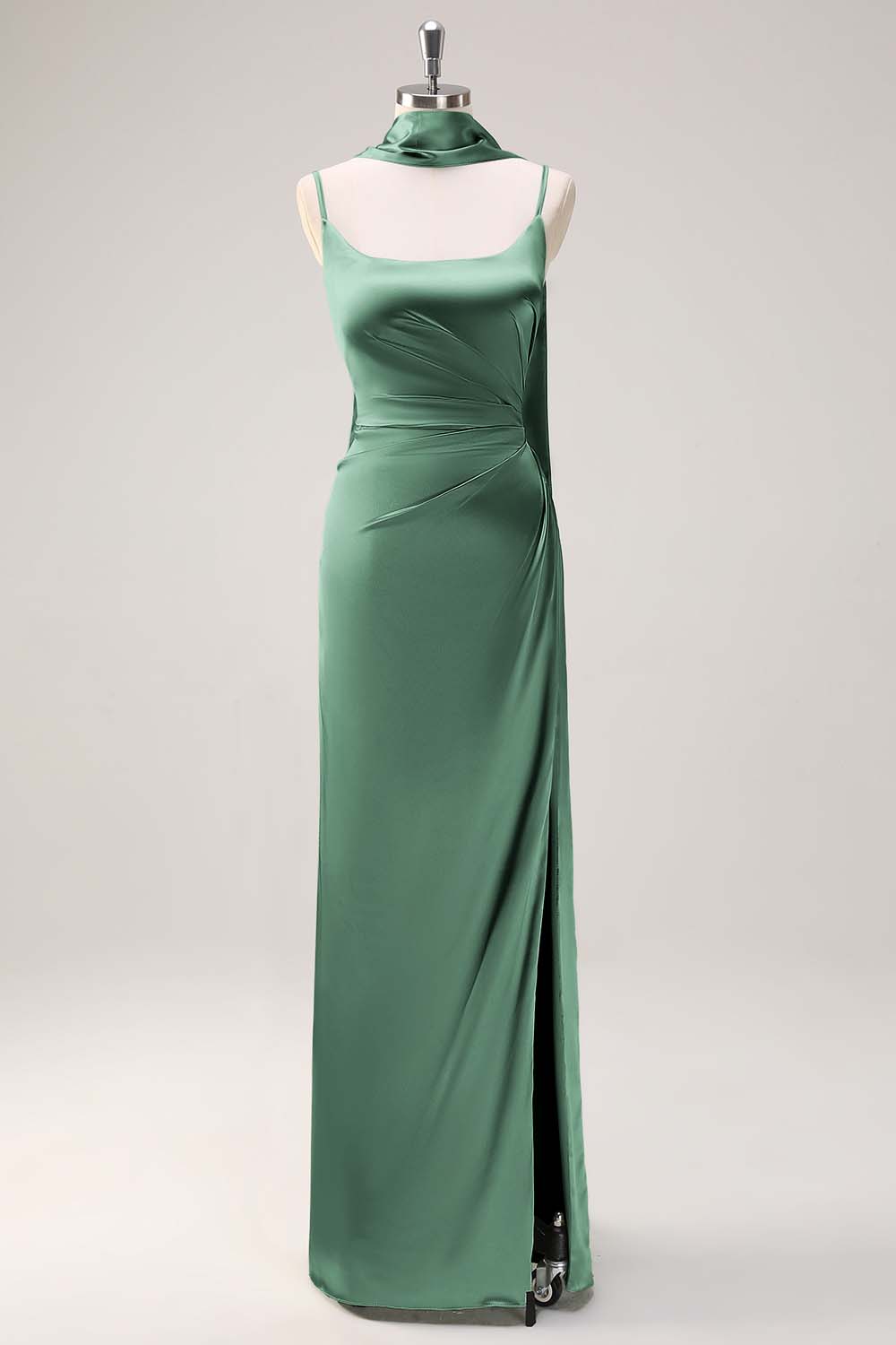 Dark Green Sheath Spaghetti Straps Satin Long Bridesmaid Dress with Slit