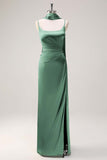 Dark Green Sheath Spaghetti Straps Satin Long Bridesmaid Dress with Slit