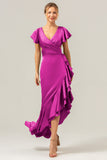 Olive V Neck Backless Sheath Wedding Guest Dress with Ruffles