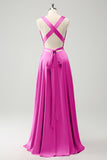 Pink A Line V-Neck Backless Bridesmaid Dress with Slit