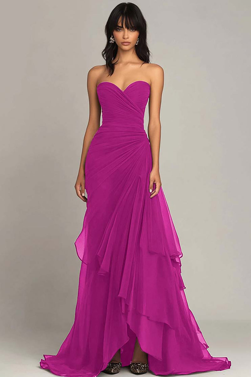 Fuchsia Sweetheart Ruffled Formal Dress Ruched Black Tie Dress Strapless Mermaid Evening Dress