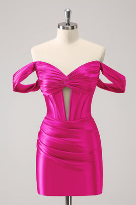 Fuchsia Tight Off the Shoulder Corset Satin Homecoming Dress