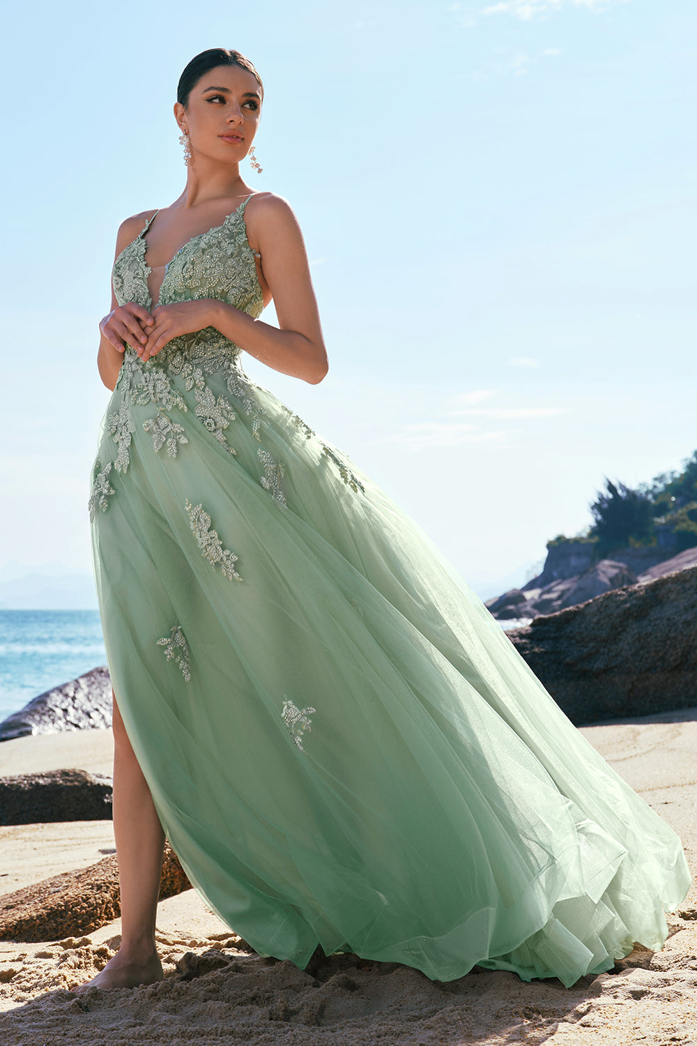 Green Spaghetti Straps Appliques Tulle Long Prom Dress with Slit