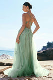 Green Spaghetti Straps Appliques Tulle Prom Dress