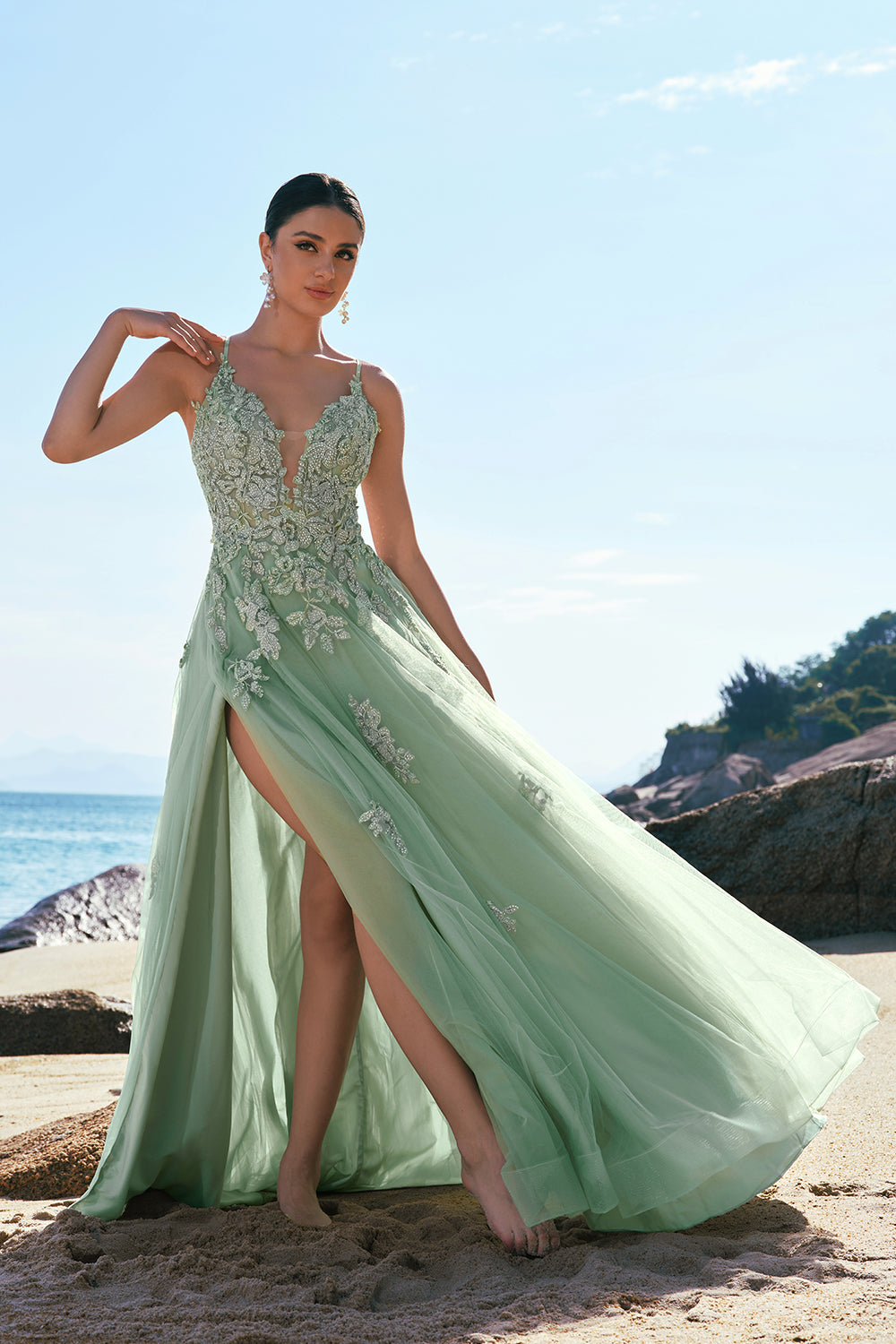 Green Spaghetti Straps Appliques Tulle Long Prom Dress with Slit