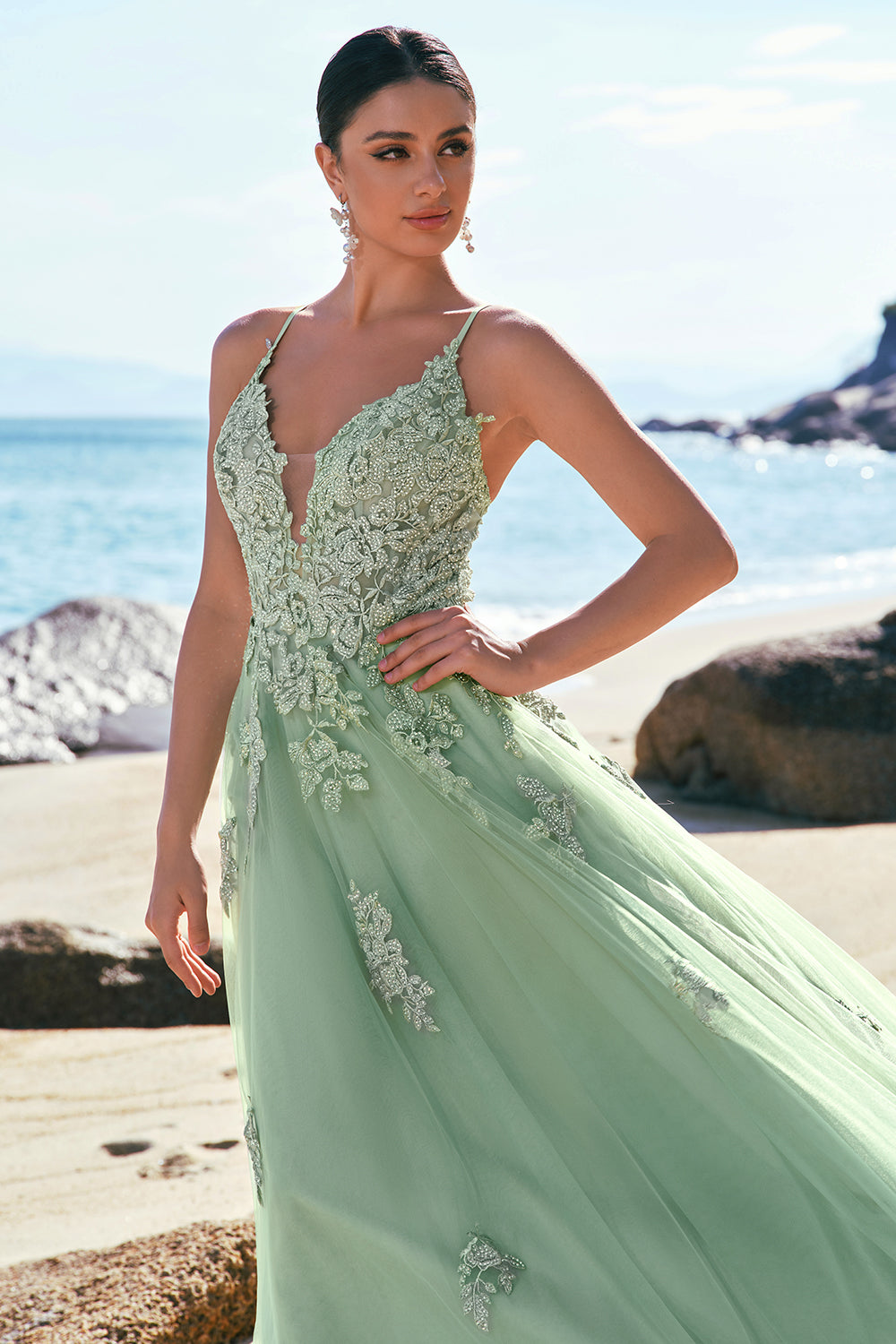 Green Spaghetti Straps Appliques Tulle Long Prom Dress with Slit