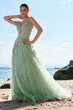 Green Spaghetti Straps Appliques Tulle Long Prom Dress with Slit